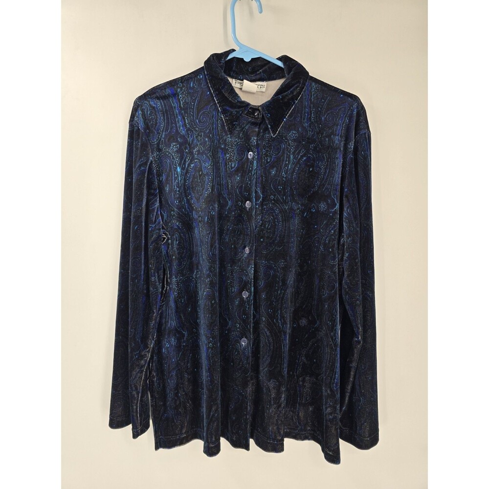 Vtg Passports Womens Large Dark Paisley Velvet Button Up Shirt Cinched Waist
